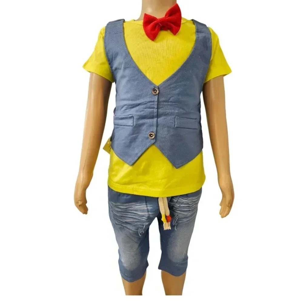 4T Boys Blue, Yellow, Red BowTie Shorts and Tshirt Faux Suit 2pcs Set